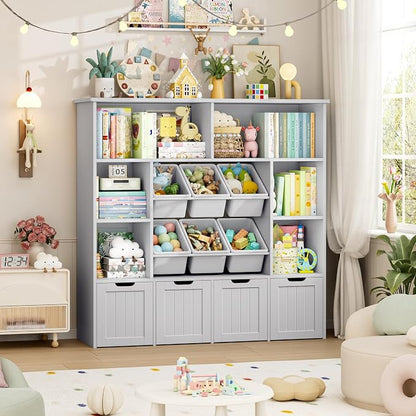 FINETONES Toy Storage Organizer with 6 Toy Bins, Toy Organizer Kids Bookshelf with 4 Movable Drawers and 6 Storage Cubbies, Toy Bins for Kids Organizer Playroom Storage for Living Room, Grey