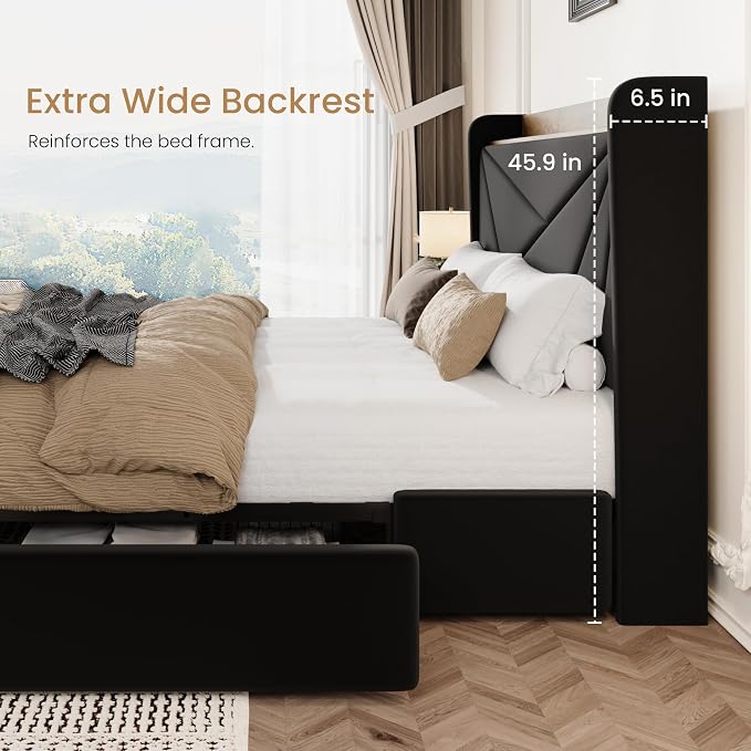 SHA CERLIN Queen Bed Frame with 3 Drawers, USB & Type-C Charging Ports, Velvet Upholstered Platform Bed with Modern Geometric Wingback Storage Headboard, No Box Spring Needed, Easy Assembly, Black