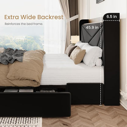 SHA CERLIN Queen Bed Frame with 3 Drawers, USB & Type-C Charging Ports, Velvet Upholstered Platform Bed with Modern Geometric Wingback Storage Headboard, No Box Spring Needed, Easy Assembly, Black