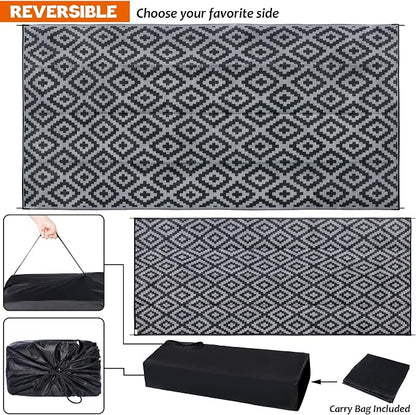 SAND MINE Waterproof Outdoor Rug 10x20 ft, Plastic Reversible Rug, Modern Area Rug, Large Floor Mat for Outdoors, RV, Patio, Backyard, Deck, Picnic, Beach, Camping, Black & Grey