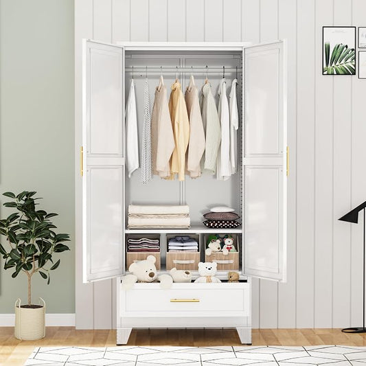 PAOFIN 71" Metal Armoire Wardrobe Closet Storage Cabinet with Hanging Rod,Metal Clothing Cabinet with 1 Drawer and Adjustable Shelf for Bedroom, Laundry Room(White)