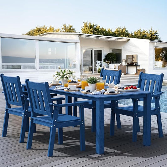 YEFU HIPS Patio Table Set: 5 Piece Outdoor Table and Chairs Dining Furniture Set with Umbrella Hole - Blue Modern Plastic Dining Sets 4 Person for Outside Deck with Metal Aluminum Frame