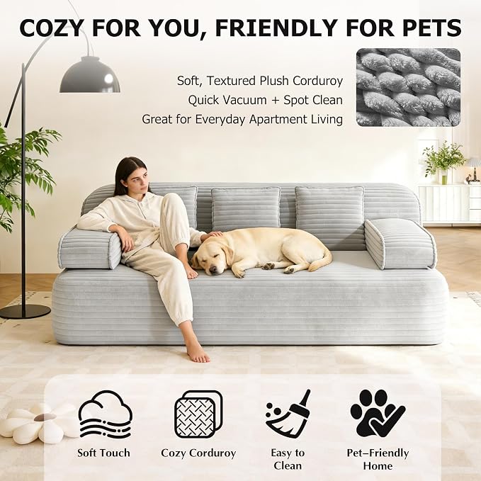 Convertible Sofa Bed, 78.7" Frameless Floor Sofa-in-a-Box, Corduroy Boneless Couch for Small Space Apartments, Queen Sleeper Sofa for Everyday Use, 3 Pillows Included, No Assembly (Light Grey)