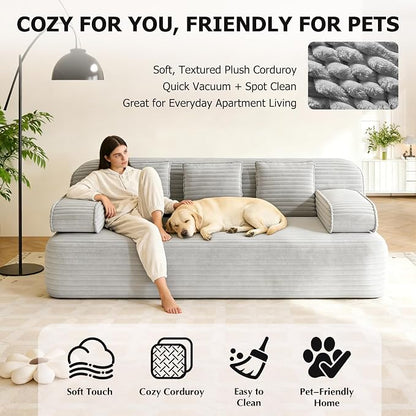 Convertible Sofa Bed, 78.7" Frameless Floor Sofa-in-a-Box, Corduroy Boneless Couch for Small Space Apartments, Queen Sleeper Sofa for Everyday Use, 3 Pillows Included, No Assembly (Light Grey)