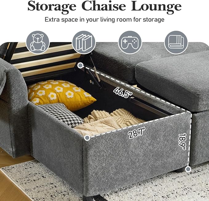 VINGLI 111 Inch U-Shaped Convertible Sofa Bed, 7 Seat Modular Sectional Sleeper Sofa with Pull Out Couch Bed Couches for Living Room with Storage Chaise, USB Charging, Side Pockets