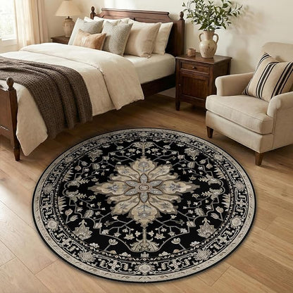 RELEANY Area Rugs Round 4ft Washable Non-Slip, Floral Vintage Distress Medallion Carpet for Living Room Bedroom Dining Room, Black Brown Neutral Dark Tan