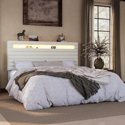 SHA CERLIN King Bed Frame with LED Light & 2-Tier Storage Shelf, Velvet Upholstered Adjustable Headboard with Charing Station, Horizontal Channel Tufted, No Box Spring Needed, Easy Assembly, Cream
