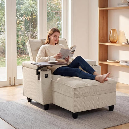 Convertible Sleeper Chair, Pull Out Sofa Bed with Adjustable Backrest & Hidden Storage Armrest, Single Sofa Recliner with USB Charging Port & Cup Holders for Living Room, Bedroom, Beige