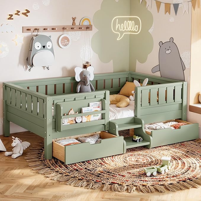 Bellemave Twin Montessori Bed with Stairs, Rails and Slats, Twin Size Montessori Floor Bed with Bookshelf and 2 Storage Drawers, Easy Assemble Beds Frame for Girls, Boys, Avocado Green