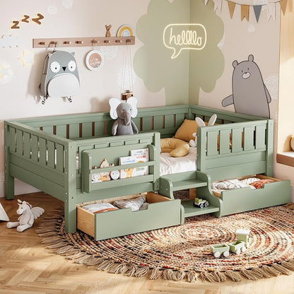 Bellemave Twin Montessori Bed with Stairs, Rails and Slats, Twin Size Montessori Floor Bed with Bookshelf and 2 Storage Drawers, Easy Assemble Beds Frame for Girls, Boys, Avocado Green
