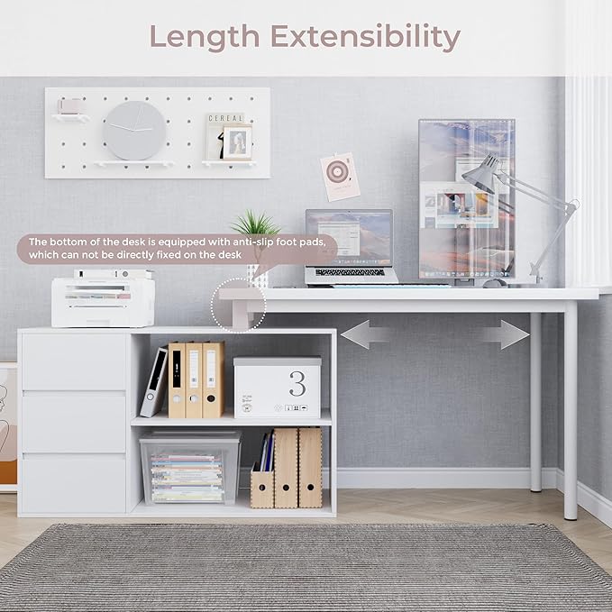 Home Office Computer Desk Corner Desk with 3 Drawers and 2 Shelves, 53-inch L-Shaped Study Desk with Storage, White