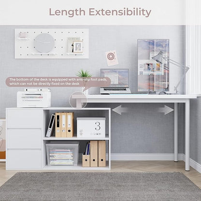 Home Office Computer Desk Corner Desk with 3 Drawers and 2 Shelves, 53-inch L-Shaped Study Desk with Storage, White