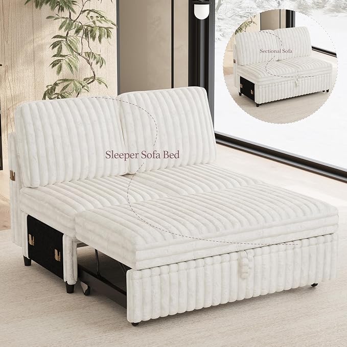 Belffin Corduroy Sleeper Sofa with Pull Out Bed Module Loveseat with Pullout Bed for Sectional Sofa Couch Beige Couch