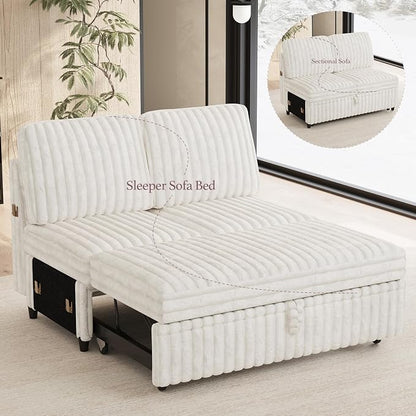Belffin Corduroy Sleeper Sofa with Pull Out Bed Module Loveseat with Pullout Bed for Sectional Sofa Couch Beige Couch