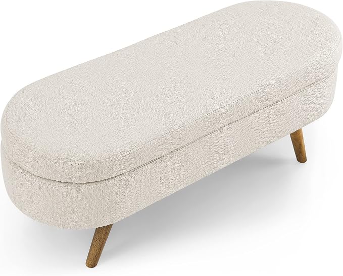 43.5" Oval Storage Bench, End of Bed Storage Benches, Linen Fabric Upholstered Ottoman Bench with Safety Hinge for Living Room Entryway Bedroom Hallway (Beige, 43.5 inch)