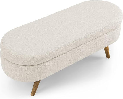 43.5" Oval Storage Bench, End of Bed Storage Benches, Linen Fabric Upholstered Ottoman Bench with Safety Hinge for Living Room Entryway Bedroom Hallway (Beige, 43.5 inch)