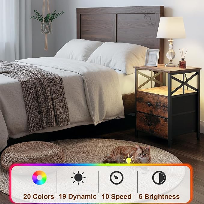 AMHANCIBLE Nightstands Set of 2 with Charging Station, LED Night Stand with 2 Storage Drawers, End Tables with USB Ports and Outlets, Modern Bedside Tables for Bedroom, Brown, HET052LBR