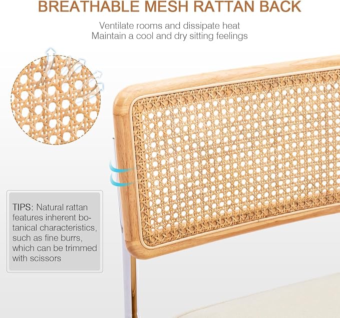 Zesthouse Natural Rattan Dining Chairs Set of 4, Mid Century Modern Dining Chairs with Solid Wood Back & Chrome Base, for Kitchen Living Room, Breuer Design Inspired, Upholstered Linen Fabric, Beige