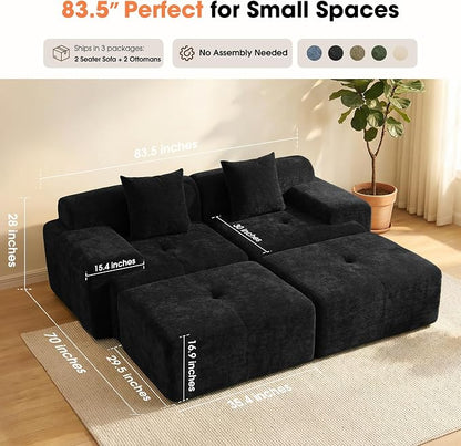 83.5" Boneless Loveseat with 2 Ottoman, Cloud Comfy Sofa Bed, Modular Sofa for Living Room, Apartment, Bedroom, Hotel, No Assembly Required (Dark Gray)