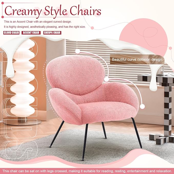 Accent Chair, Cloud Accent Chair for Bedroom, Boucle Fabric (Pink) | Comfy Bedroom Chair with Love Back and Sturdy And Durable Solid-Wood Frame/ Study Room / Bedroom / Living Room /(Cream Style)