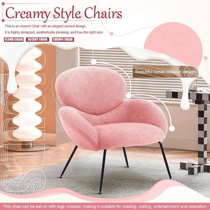 Small Accent Chair Set of 2,Sherpa Chair with Love Back, Boucle Chairs with Metal Legs, Comfy Modern Reading Chairs/Sherpa Accent Chair with Thick High-Elastic Sponge/Cream Style Room (Pink)