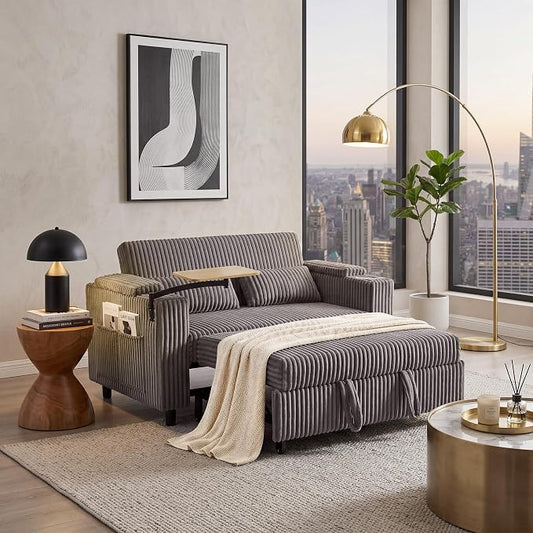 LINSY HOME 3-in-1 Pull Out Sofa Bed, 58" Convertible Sleeper Sofa for Living Room, 360° Swivel Table, Storage Armrests, Charging Station, Cup Holders, 2 Pillows, Corduroy Loveseat Futon Couch, Grey