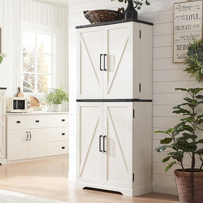 ACCOHOHO 72" Tall Kitchen Pantry, Farmhouse Storage Cabinet with Barn Doors, Organizer, Drawer and Adjustable Shelves, Rustic Wood Cupboard for Kitchen, Dining Room, Bathroom, Off White | Barn Doors