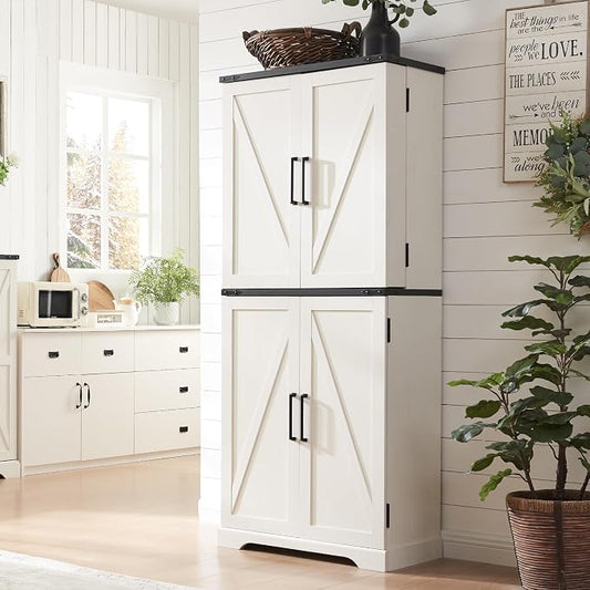 ACCOHOHO 72" Tall Kitchen Pantry, Farmhouse Storage Cabinet with Barn Doors, Organizer, Drawer and Adjustable Shelves, Rustic Wood Cupboard for Kitchen, Dining Room, Bathroom, Off White | Barn Doors
