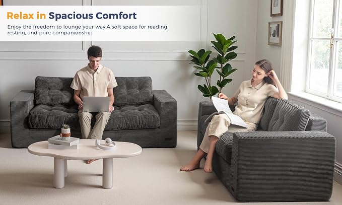 MAXYOYO Oversized Loveseat Sofa Couch, Upholstered Bean Bag Chair Cloud 3-Seat for Adults, Boneless Couch with Tufted Cushion & Pillows, Sofa in A Box, No Assembly Required, Dark Grey