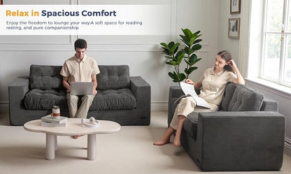 MAXYOYO Oversized Loveseat Sofa Couch, Upholstered Bean Bag Chair Cloud 3-Seat for Adults, Boneless Couch with Tufted Cushion & Pillows, Sofa in A Box, No Assembly Required, Dark Grey