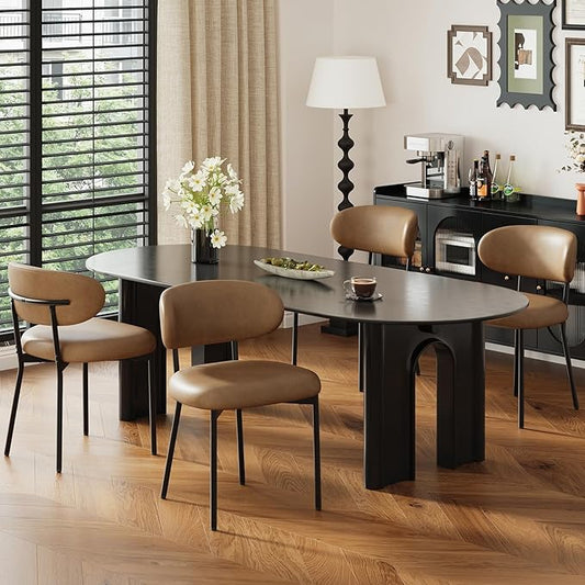 Upholstered Dining Chairs Set of 4, Modern Faux Leather Kitchen Chairs with Curved Backrest and Cushioned Seat, Sturdy Metal Legs, Modern Dining Chairs for Kitchen Dining Room, Living Room,Brown