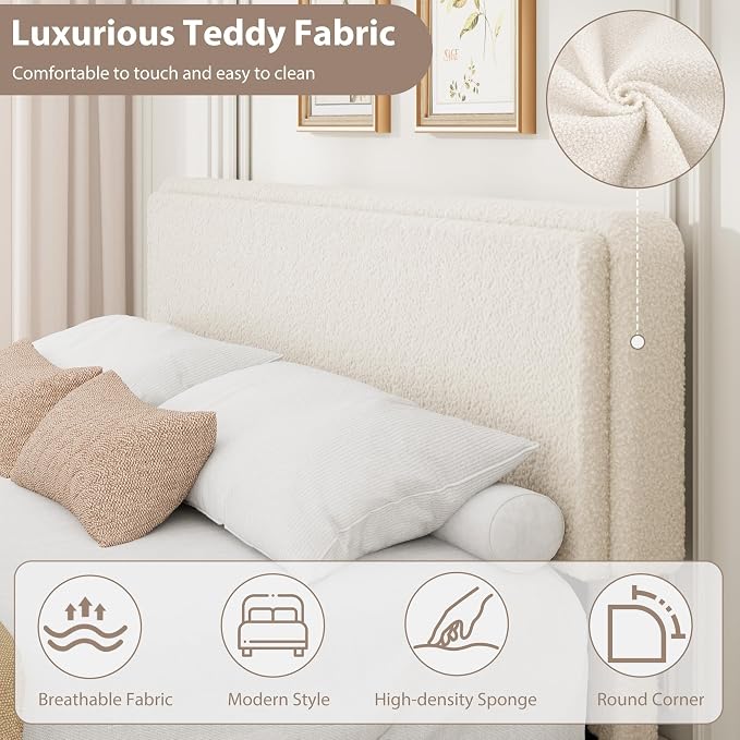 GarveeHome Bed Frame with 2 Storage Drawer, Teddy Fleece Thick Upholstered Platform Bed Frame with Adjustable Headboard, No Box Spring Needed, Cream Beige, King