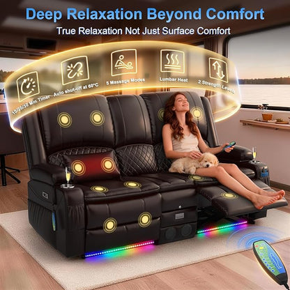 Power Recliner Loveseat Recliner with Massage and Lumbar Heating, Home Theater Reclining Loveseat with Flip Console, RV Couch Wall Hugger with 2 Speakers, Storage, USB, Outlet & LED (PU, Brown)