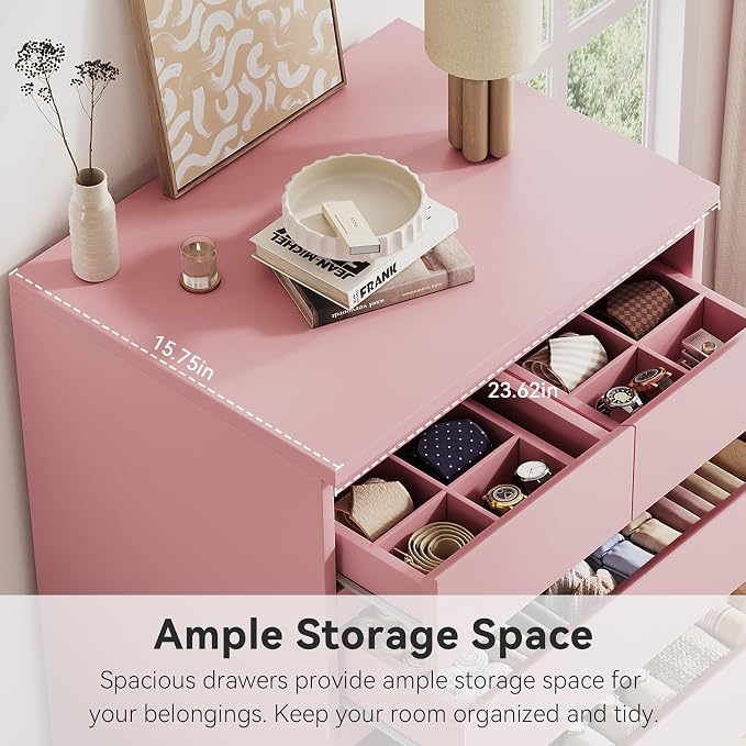 Jocoevol Pink Tall 6 Drawer Dresser for Bedroom,Dressers & Chests of Drawers with Jewelry Storage,Wood Storage Dresser with Deep Drawers for Living Room Hallway Entryway(40.75" L*23.62" W*15.75")