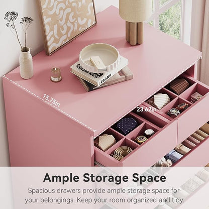 Jocoevol Pink Tall 6 Drawer Dresser for Bedroom,Dressers & Chests of Drawers with Jewelry Storage,Wood Storage Dresser with Deep Drawers for Living Room Hallway Entryway(40.75" L*23.62" W*15.75")