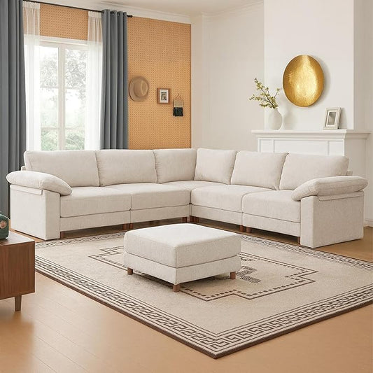 Oversized Modular Cloud Couch with Removable Washable Cover, L/V-Shaped Sectional for Large Living Room, Plush Chenille & Deep Seat（Beige）