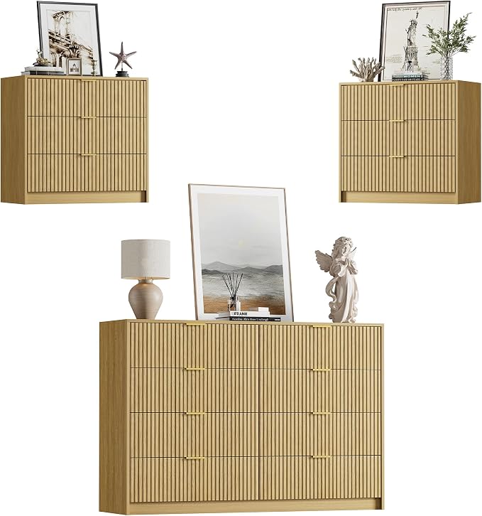 Furniway 3 Piece Bedroom Set, 8 Drawer Dresser and 3-Drawer Nightstand Set of 2 with Gold Handles, Mid-Century Modern Wood Chest of Drawers Storage Cabinet for Bedroom, Natural Oak