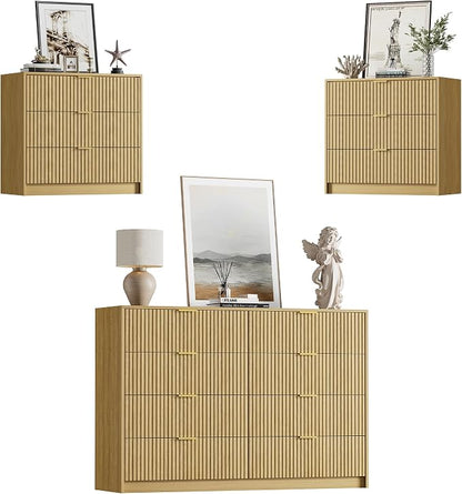 Furniway 3 Piece Bedroom Set, 8 Drawer Dresser and 3-Drawer Nightstand Set of 2 with Gold Handles, Mid-Century Modern Wood Chest of Drawers Storage Cabinet for Bedroom, Natural Oak