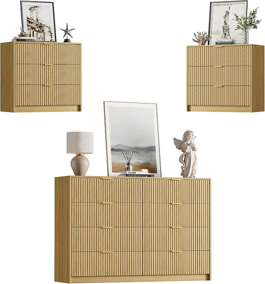 Furniway 3 Piece Bedroom Set, 8 Drawer Dresser and 3-Drawer Nightstand Set of 2 with Gold Handles, Mid-Century Modern Wood Chest of Drawers Storage Cabinet for Bedroom, Natural Oak