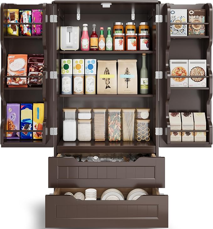 Gizoon Kitchen Pantry Cabinet with Drawers, 47" Small Food Pantry Storage Cabinet with 6 Door Shelves for Snack and Spice, Freestanding Craft Storage Cabinet for Craft Room, Dark Brown, Painted