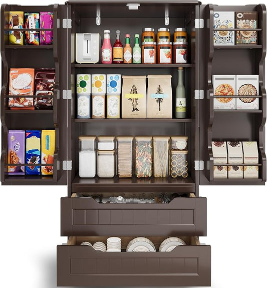 Gizoon Kitchen Pantry Cabinet with Drawers, 47" Small Food Pantry Storage Cabinet with 6 Door Shelves for Snack and Spice, Freestanding Craft Storage Cabinet for Craft Room, Dark Brown, Painted