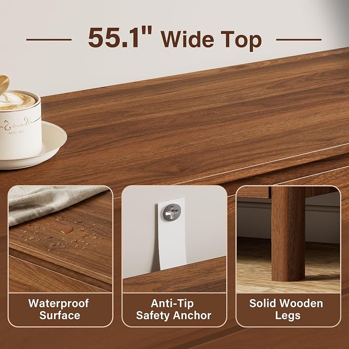 Furniway 55" Mid-Century Modern Dresser for Bedroom, 6 Drawer Wide Chest of Drawers with Wood Legs, Large Storage Bedroom Dresser, Walnut