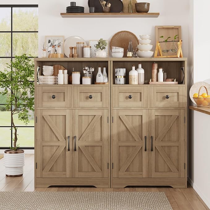 Natural Wood Farmhouse Storage Cabinet Set of 2, Small Kitchen Pantry Cabinet with Drawers and Adjustable Shelves, Sideboard Buffet Coffee Bar Cabinet for Living Room/Dining Room/Bathroom/Home Office