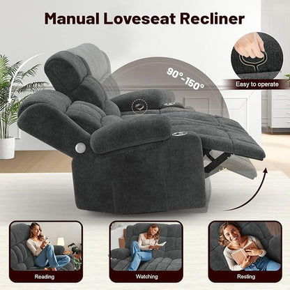 Loveseat Recliner Sofa, 2 Seater Minimalist Style Fabric Manual Pull Tab Reclining Loveseat with USB Charge Ports, Cup Holders, Recliner Love Seat Couches for Living Room, RV, Gray