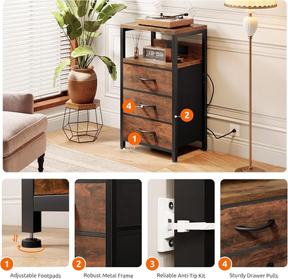 Lazzanto NightStand Bedside Charging Table Bedroom - Night Stand with Charger Station, Modern Nightstand with Open Shelf & 3 Fabric Drawers, Bed Side Table USB-C Port for Dorm Living Room