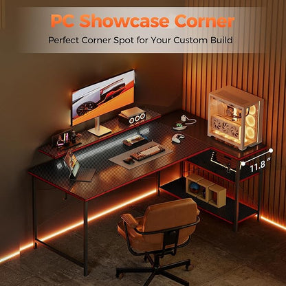 Mericonia Small L Shaped Computer Desk with Power Outlets, Reversible Gaming Desk with Storage Shelves & Monitor Stand, Corner Gamer Desk Table, Study Writing Table