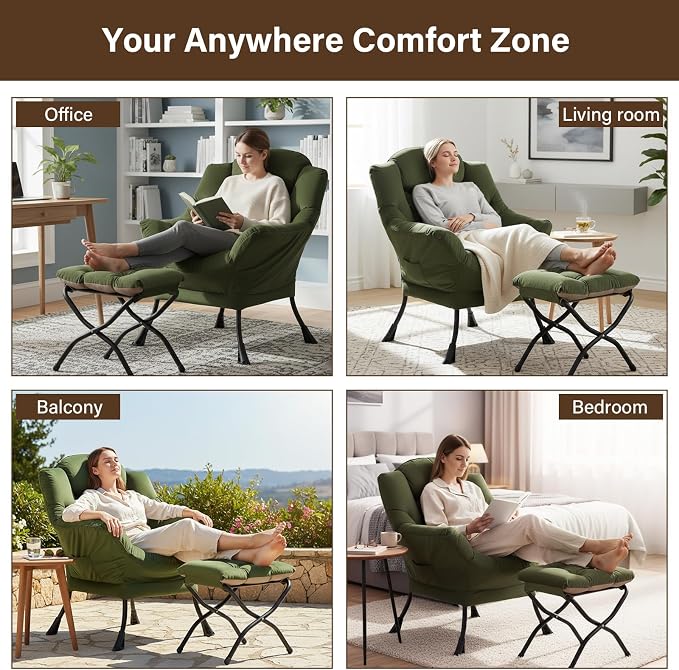 Welnow Lazy Chair with Ottoman, Modern Reading Accent Chair with Armrests and a Side Pocket, Leisure Upholstered Lazy Sofa Set with Footrest for Small Space, Army Green