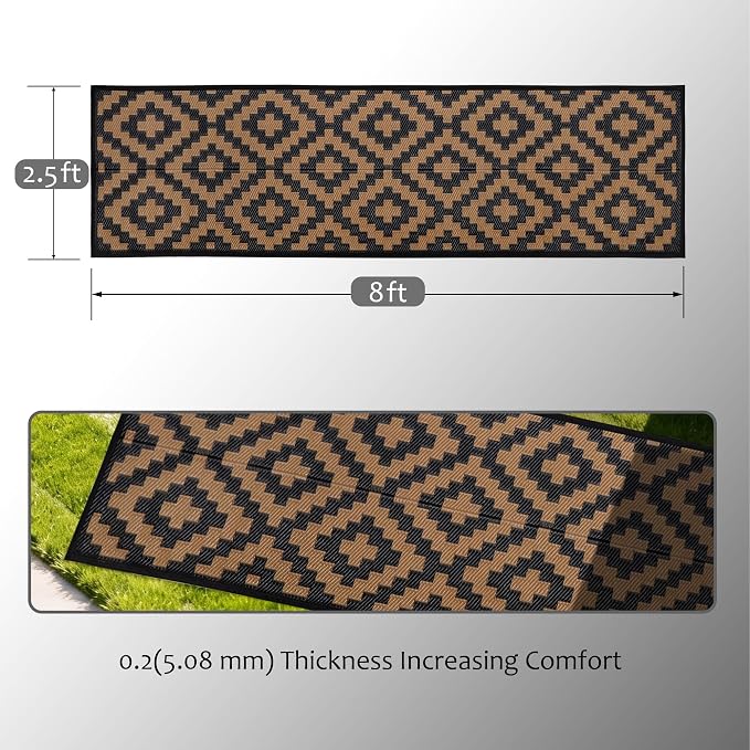 SAND MINE Reversible Mats, Plastic Straw Rug, Modern Area Rug, Large Floor Mat and Rug for Outdoors, RV, Patio, Backyard, Deck, Picnic, Beach, Trailer, Camping, Black & Brown, 2.5' x 8'