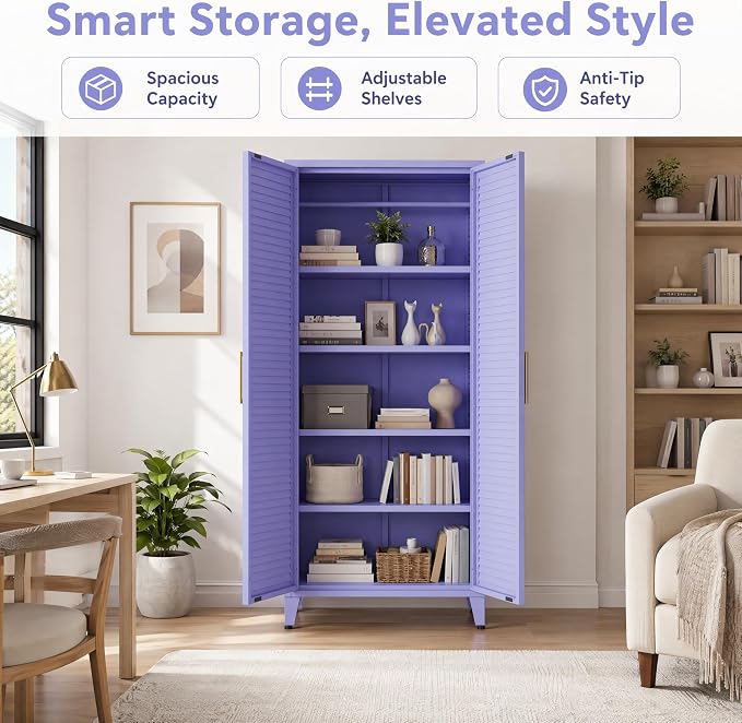 2 Door Tall Metal Storage Cabinet with 3 Adjustable Shelves,61'' Steel Locker Storage with Metal Handles and Elevated Legs,Multifunctional Storage Armoire for Home Bedroom Living Room Entryway(Purple)