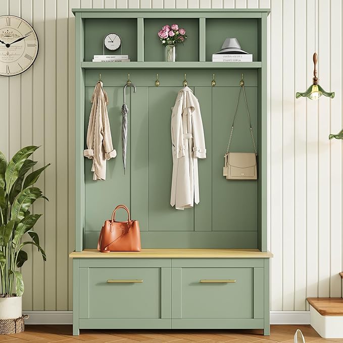 Merax Versatile 4-in-1 Hall Tree with 6 Golden Hooks, Wood Grain Bench with Multiple Storage Space, Entryway Coat Rack with 2 Drawers for Living Room, Hallway, Mint Green